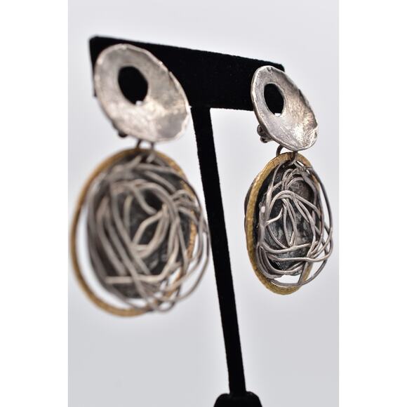 Vintage 925 Brutalist Clip On Earrings Sterling Silver Geometric Chunky BinAV - Picture 5 of 12